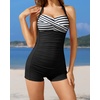 Tempt Me Women Tummy Control One Piece Swimsuits with Shorts(Black Stripe)