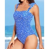 Women One Piece Swimsuits Ruched Slimming Bathing Suits Vintage Swimwear(Blue White Floral)