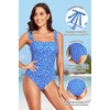 Women One Piece Swimsuits Ruched Slimming Bathing Suits Vintage Swimwear(Blue White Floral)