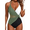 Women Sexy Mesh Cutout One Piece Swimsuit Tummy Control Bathing Suit 2026(Green White Black)