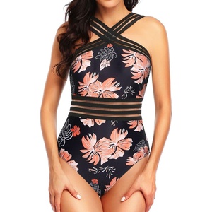 Tempt Me Women Crisscross One Piece Swimsuit(Orange Flower)