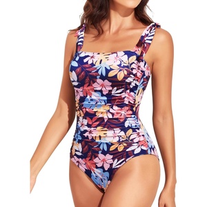 Women One Piece Swimsuits Ruched Slimming Bathing Suits Vintage Swimwear(Colorful Leaves)
