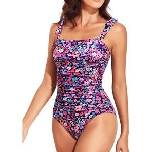 Women One Piece Swimsuits Ruched Slimming Bathing Suits Vintage Swimwear(Pink Floral)
