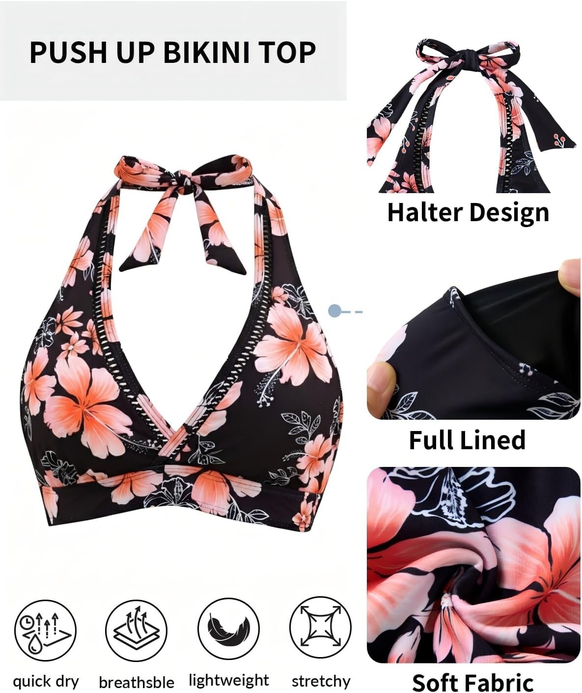 image:imageWomen Halter Bikini Top Push Up Swimsuit Top Only with MeshBlack Pink Floral