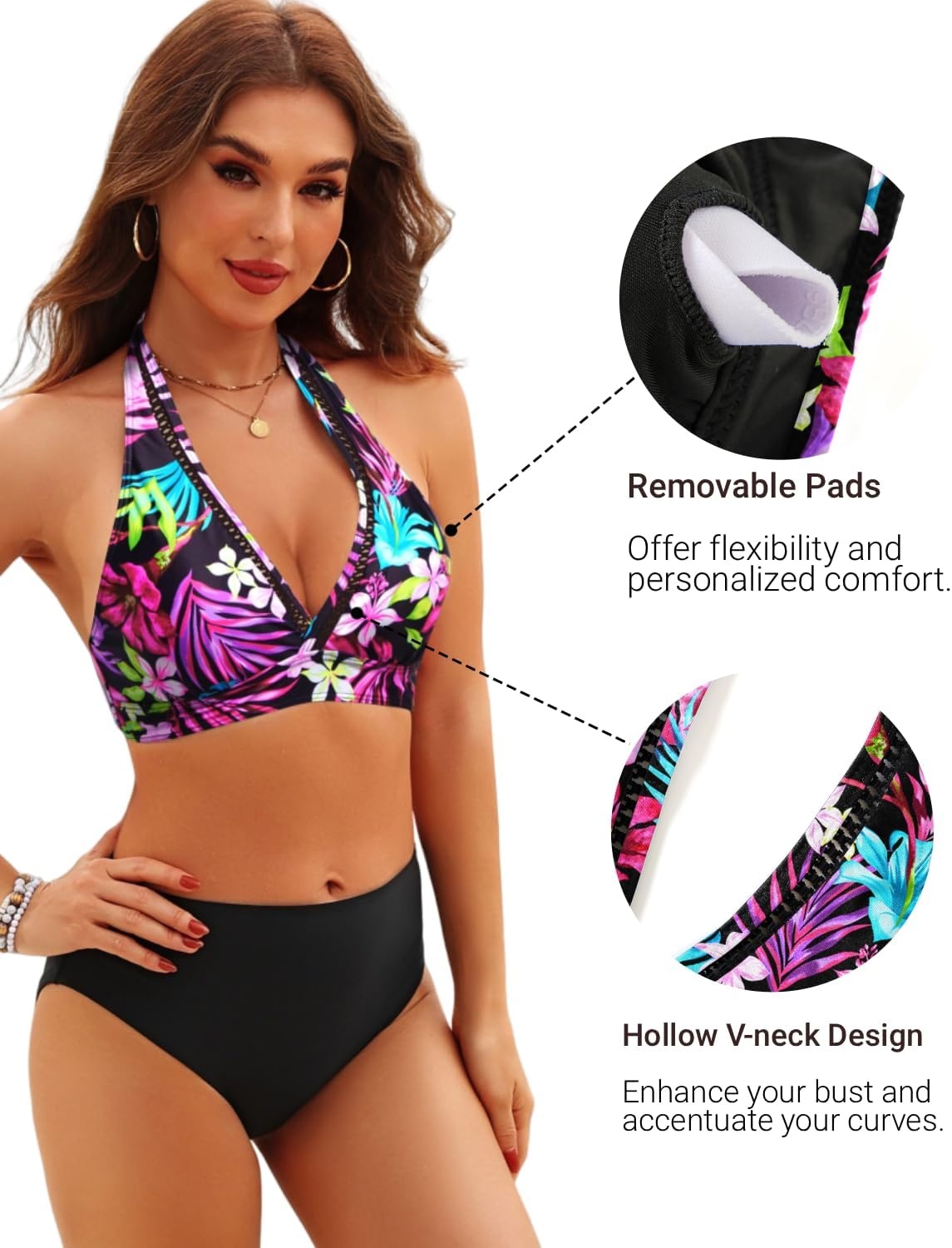 image:imageWomen Halter Bikini Top Push Up Swimsuit Top Only with MeshColorful Flower