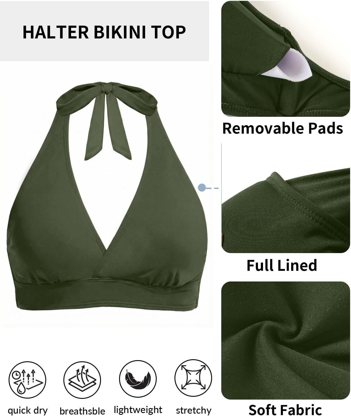 image:imageWomen Halter Bikini Top Push Up Swimsuit Top OnlyArmy Green