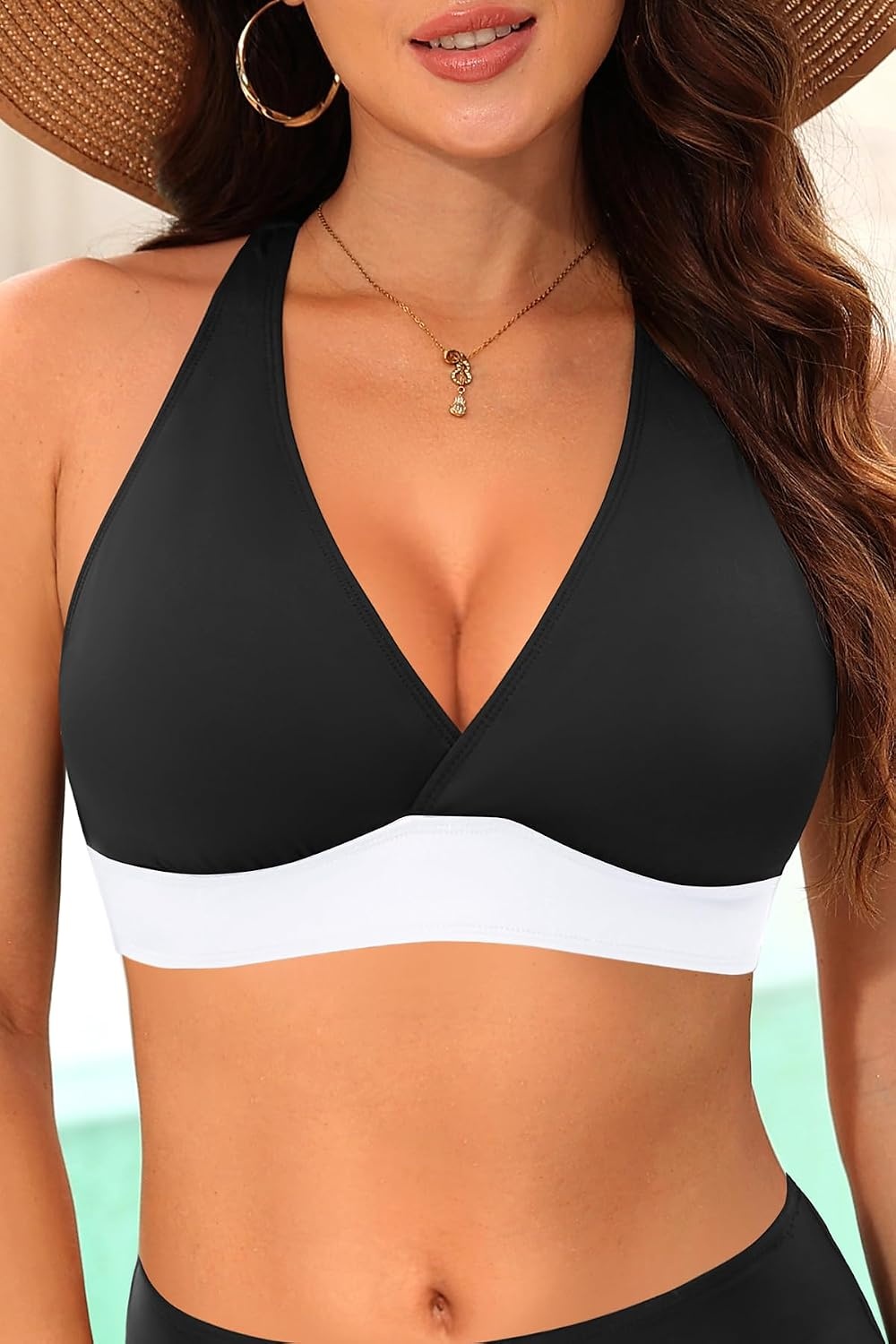 image:imageWomen Halter Bikini Top Push Up Swimsuit Top OnlyBlack White