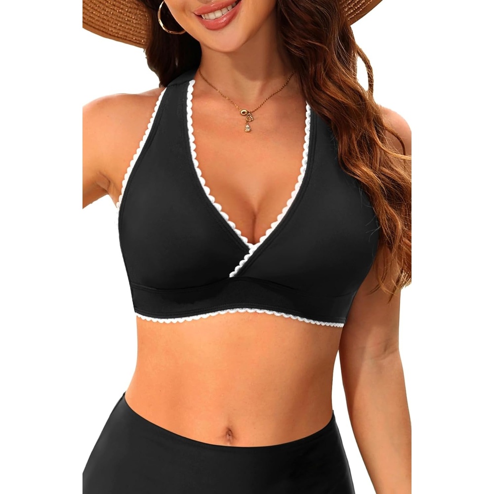 image:imageWomen Halter Bikini Top Push Up Swimsuit Top OnlyBlack and White