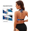 Women Halter Bikini Top Push Up Swimsuit Top Only with Mesh(Blue Floral)