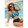 Women Halter Bikini Top Push Up Swimsuit Top Only with Mesh(Blue Leaves)