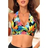 Women Halter Bikini Top Push Up Swimsuit Top Only(Black Flower)