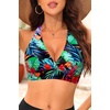 Women Halter Bikini Top Push Up Swimsuit Top Only(Red Flowers Green Leaves)
