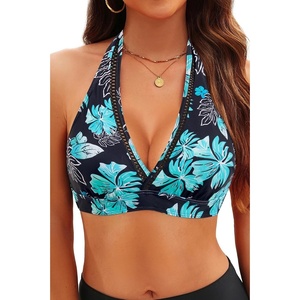 Women Halter Bikini Top Push Up Swimsuit Top Only with Mesh(Aqua Floral)