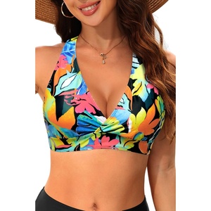 Women Halter Bikini Top Push Up Swimsuit Top Only(Black Flower)