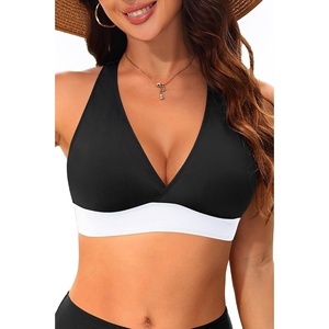 Women Halter Bikini Top Push Up Swimsuit Top Only(Black White)