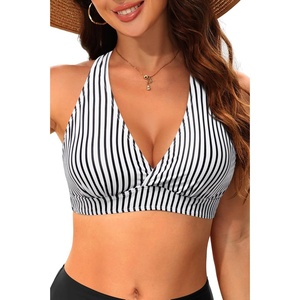 Women Halter Bikini Top Push Up Swimsuit Top Only(Black White Stripe)