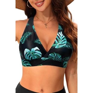Women Halter Bikini Top Push Up Swimsuit Top Only(Green Leaves)