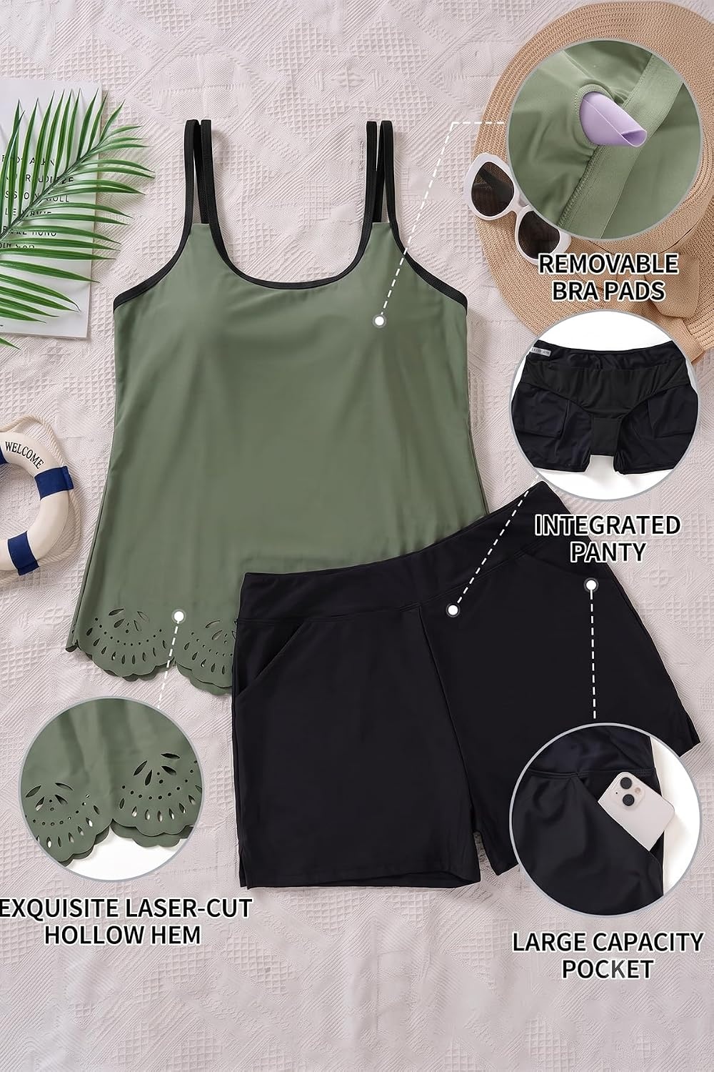 image:imageWomen Plus Size Tankini Swimsuits Two Piece Flowy Bathing Suit with ShortOlive Green