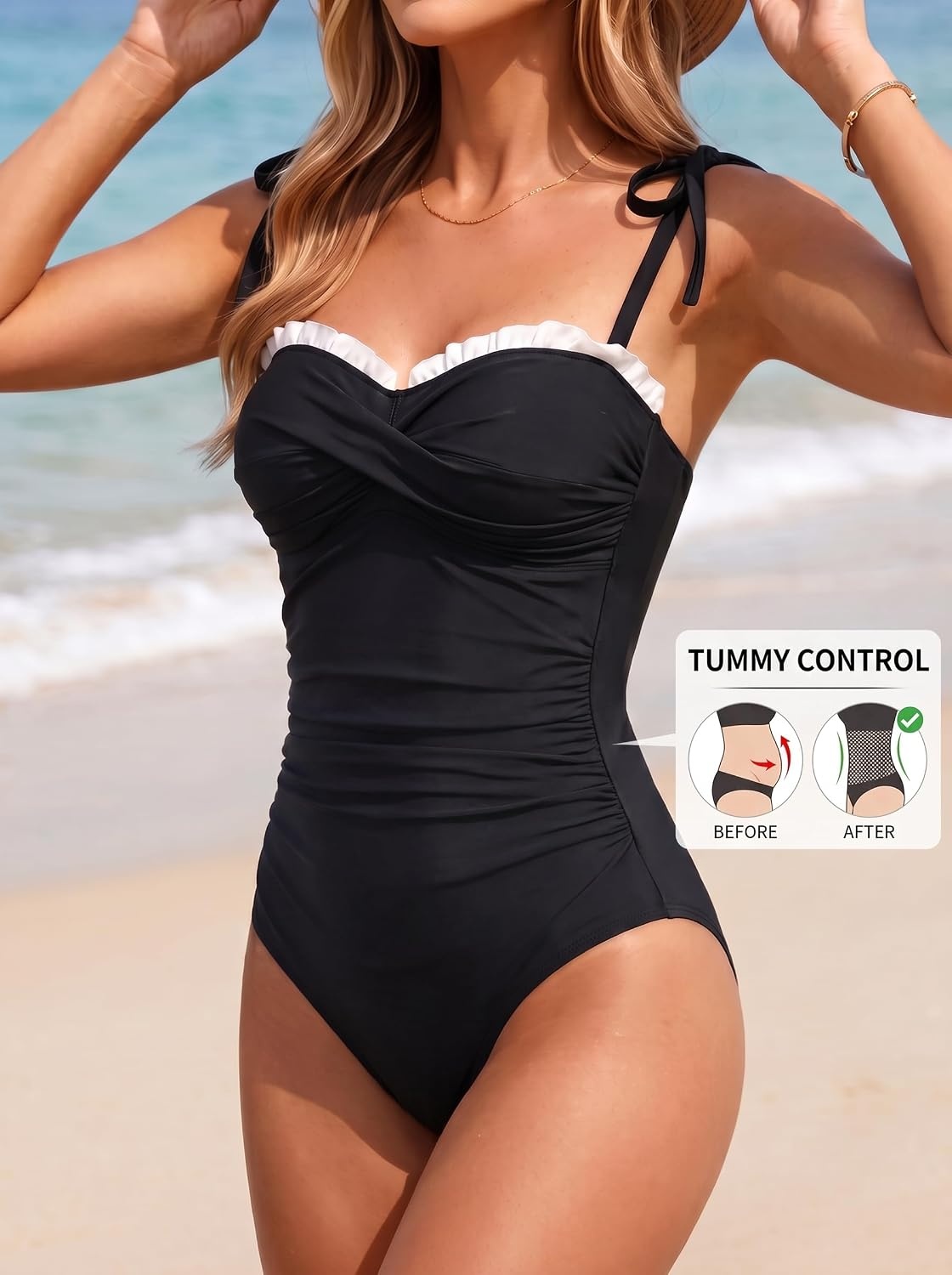 image:imageWomens Tummy Control One Piece Swimsuits Retro Slimming Bathing SuitsBlack White