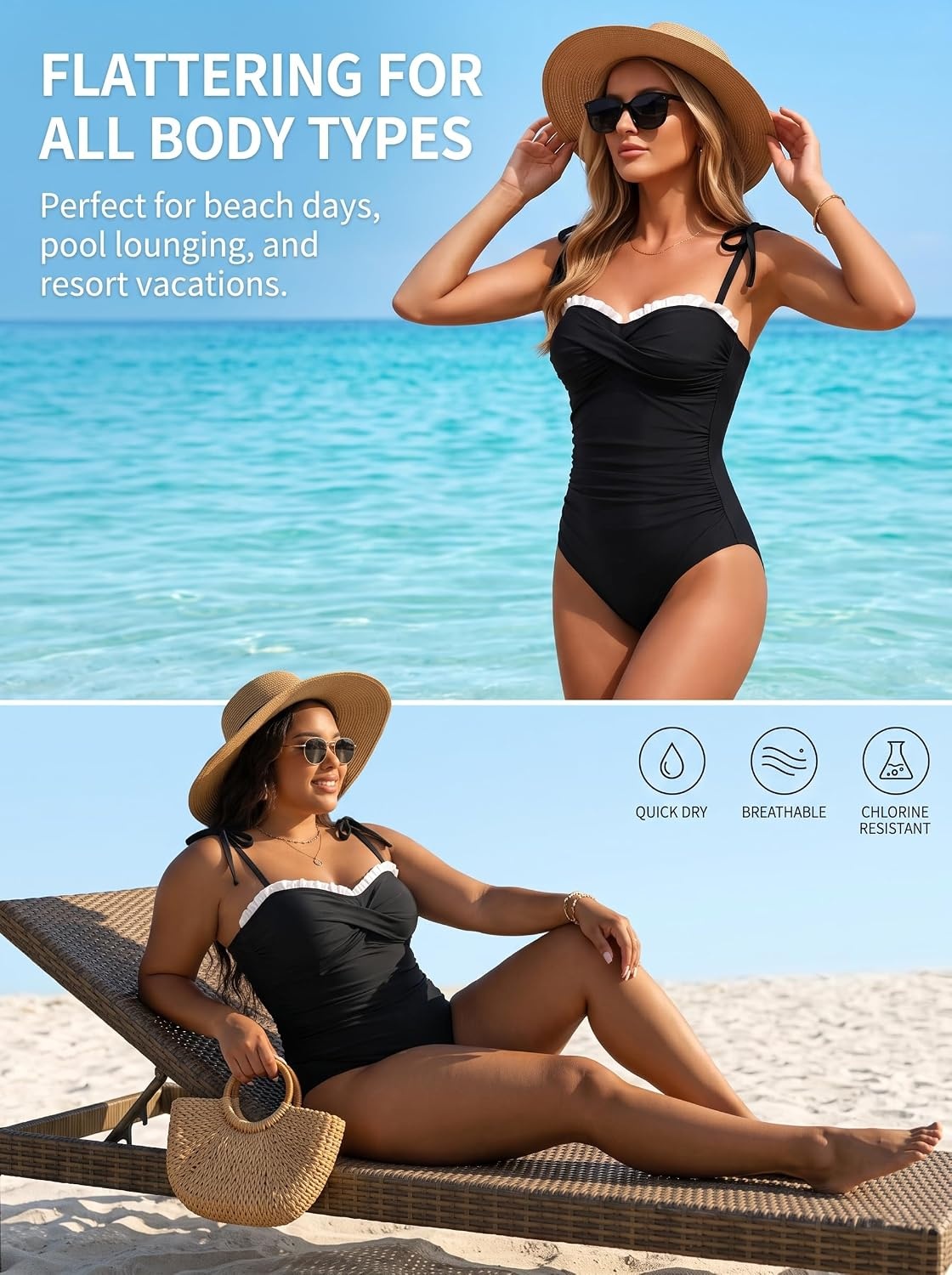 image:imageWomens Tummy Control One Piece Swimsuits Retro Slimming Bathing SuitsBlack White
