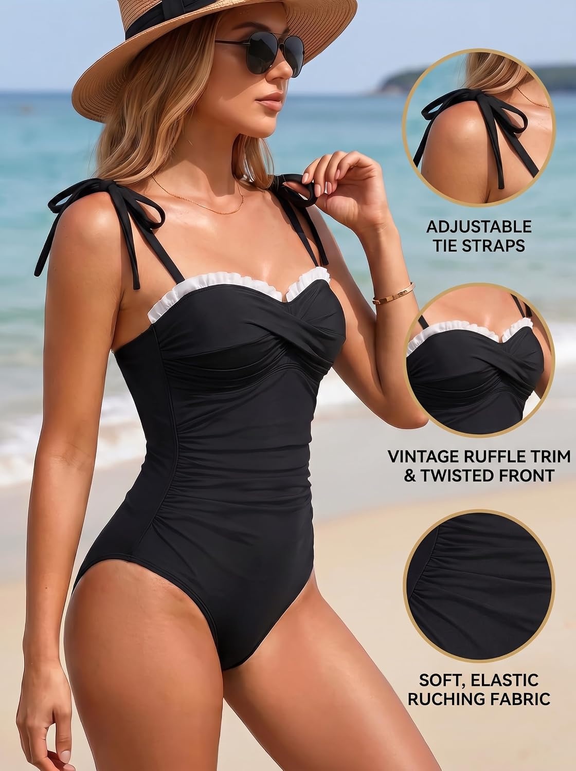 image:imageWomens Tummy Control One Piece Swimsuits Retro Slimming Bathing SuitsBlack White
