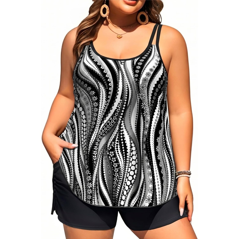image:imageWomen Plus Size Tankini Swimsuits Two Piece Flowy Bathing Suit with ShortBlack Stripe