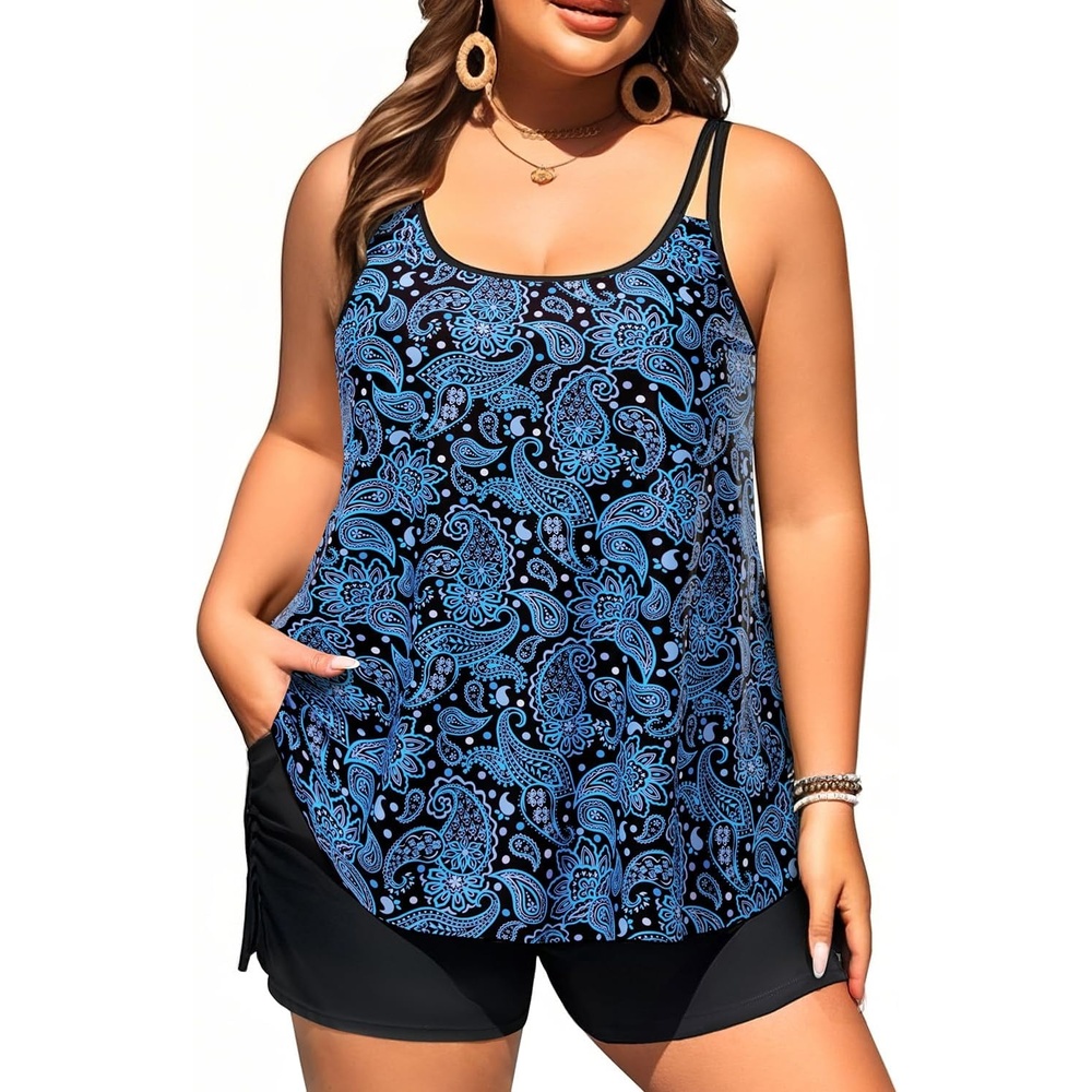 image:imageWomen Plus Size Tankini Swimsuits Two Piece Flowy Bathing Suit with ShortBlue Paisley