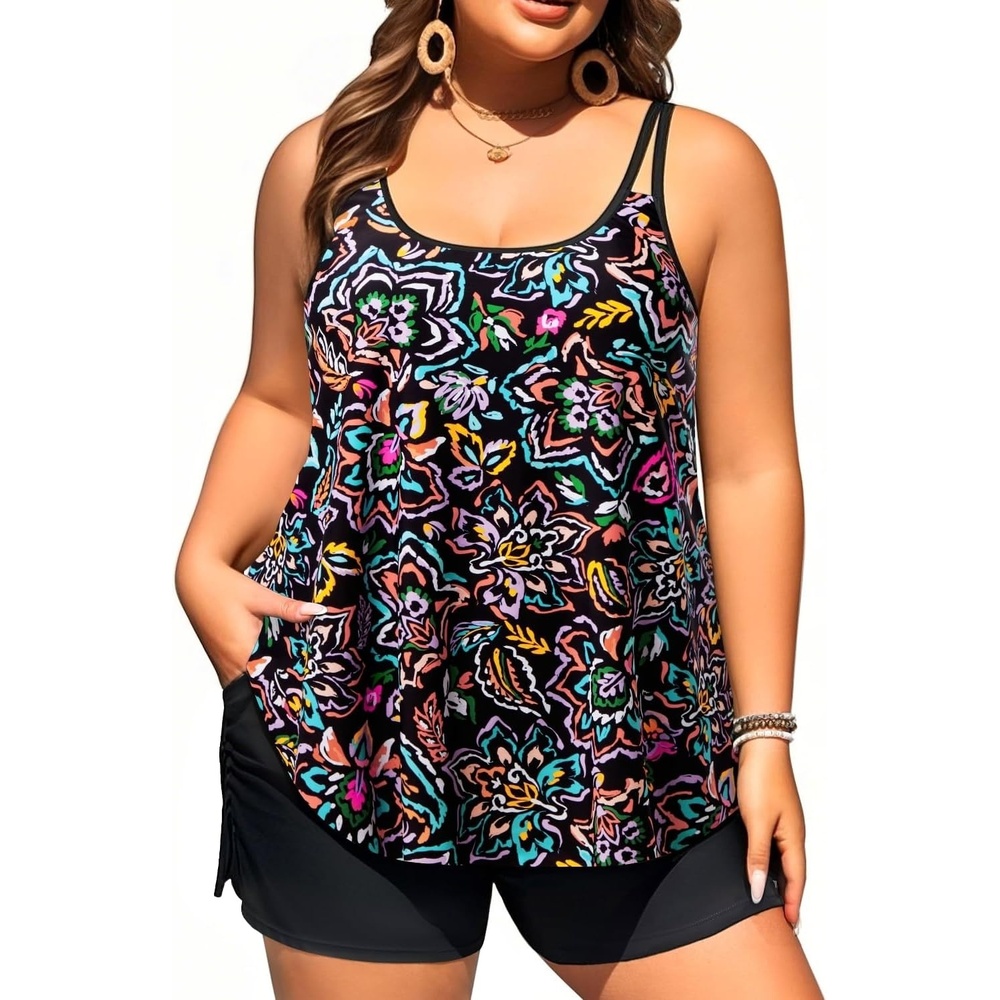 image:imageWomen Plus Size Tankini Swimsuits Two Piece Flowy Bathing Suit with ShortColorful Paisley