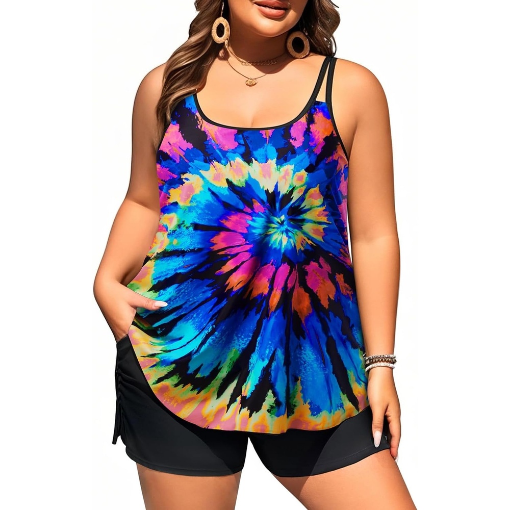image:imageWomen Plus Size Tankini Swimsuits Two Piece Flowy Bathing Suit with ShortColorful Tie Dye