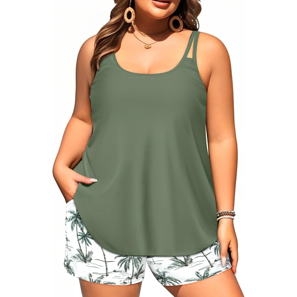 image:imageWomen Plus Size Tankini Swimsuits Two Piece Flowy Bathing Suit with ShortGreen Palm Tree