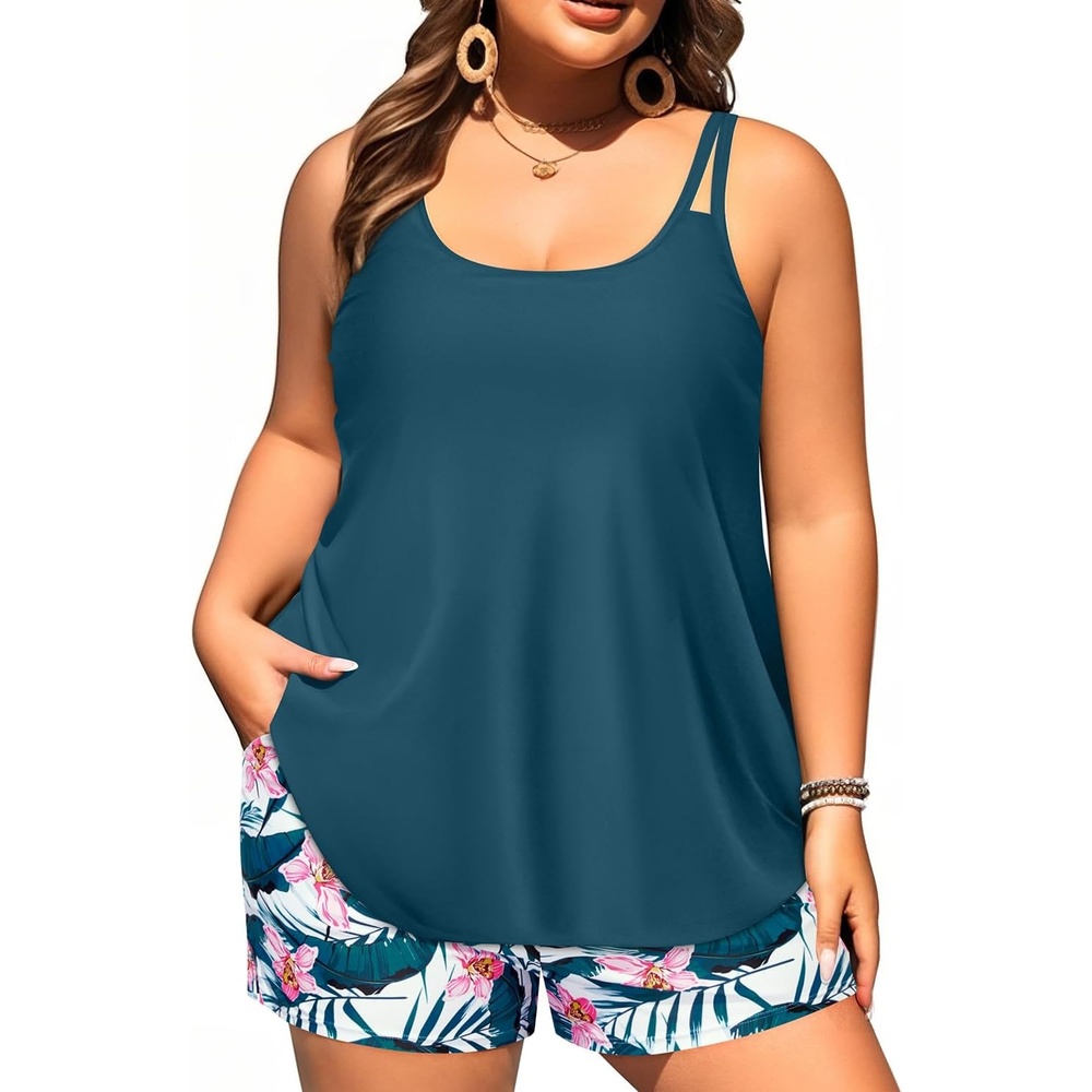 image:imageWomen Plus Size Tankini Swimsuits Two Piece Flowy Bathing Suit with ShortTeal Flower