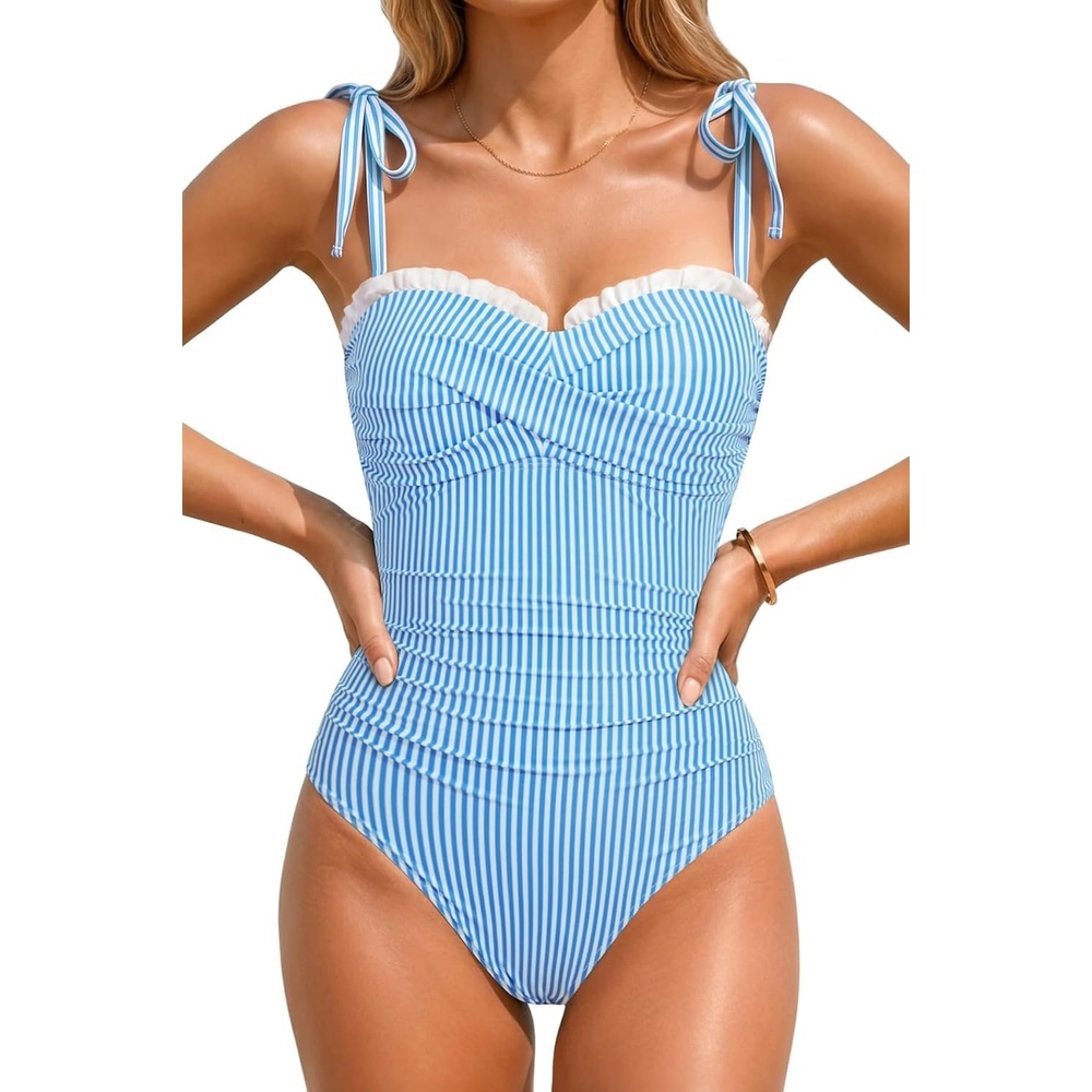 image:imageWomens Tummy Control One Piece Swimsuits Retro Slimming Bathing SuitsBlue Striped