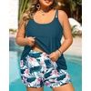 Women Plus Size Tankini Swimsuits Two Piece Flowy Bathing Suit with Short(Teal Flower)