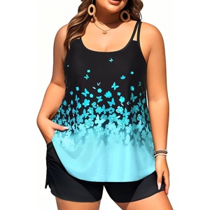 Women Plus Size Tankini Swimsuits Two Piece Flowy Bathing Suit with Short(Blue Gradient Floral)