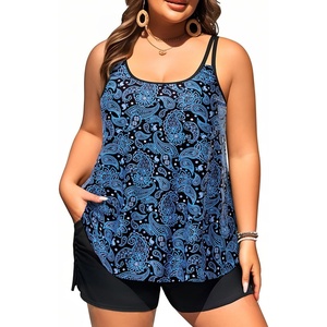 Women Plus Size Tankini Swimsuits Two Piece Flowy Bathing Suit with Short(Blue Paisley)