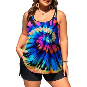 Women Plus Size Tankini Swimsuits Two Piece Flowy Bathing Suit with Short(Colorful Tie Dye)