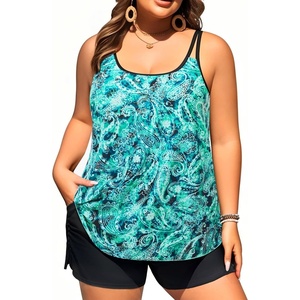 Women Plus Size Tankini Swimsuits Two Piece Flowy Bathing Suit with Short(Green Paisley)