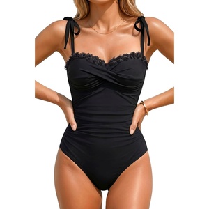 Women’s Tummy Control One Piece Swimsuits Retro Slimming Bathing Suits(Black Trim)