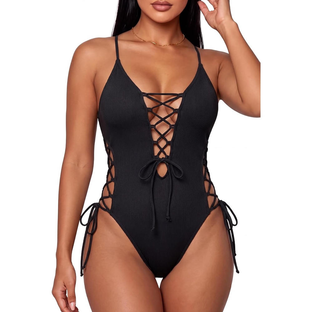 image:imageWomen Sexy Lace Up One Piece Swimsuit Plunge V Neck High Cut Bathing suitsBlack