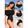 Women One Piece Swimsuit Vintage Off Shoulder Ruffled Bathing Suits(Black)