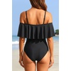 Women One Piece Swimsuit Vintage Off Shoulder Ruffled Bathing Suits(Black)