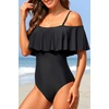 Women One Piece Swimsuit Vintage Off Shoulder Ruffled Bathing Suits(Black)