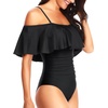 Women One Piece Swimsuit Vintage Off Shoulder Ruffled Bathing Suits(Black New)