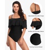 Women One Piece Swimsuit Vintage Off Shoulder Ruffled Bathing Suits(Black New)