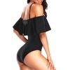 Women One Piece Swimsuit Vintage Off Shoulder Ruffled Bathing Suits(Black New)
