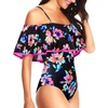 Women One Piece Swimsuit Vintage Off Shoulder Ruffled Bathing Suits(Pink Colorful Floral)