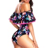 Women One Piece Swimsuit Vintage Off Shoulder Ruffled Bathing Suits(Pink Colorful Floral)