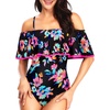 Women One Piece Swimsuit Vintage Off Shoulder Ruffled Bathing Suits(Pink Colorful Floral)