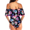 Women One Piece Swimsuit Vintage Off Shoulder Ruffled Bathing Suits(Pink Colorful Floral)