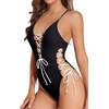 Women Sexy Lace Up One Piece Swimsuit Plunge V Neck High Cut Bathing suits(Black and White – No Texture)